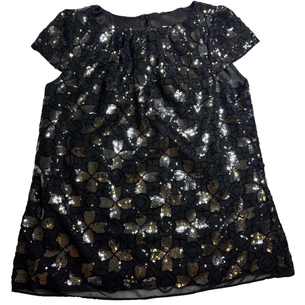 Milly New York Top Women's Black Silver Gold Sequin Floral Blouse Excellent 10